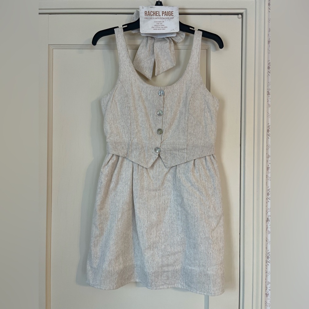 Cream and tan striped dress and matching bow